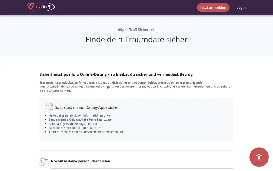 Sicherheitsseite von 60plustreff.de mit Hinweisen zum sicheren Kennenlernen, Grundlage unserer 60plusTreff Erfahrungen