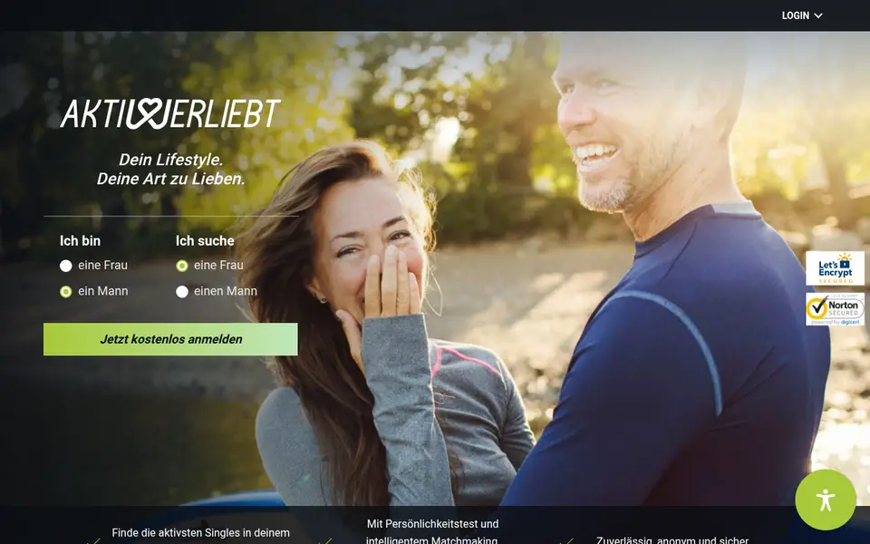 Aktiv & Verliebt Erfahrungen: Startseite von aktiv-und-verliebt.de mit dem Motto für aktive Singles