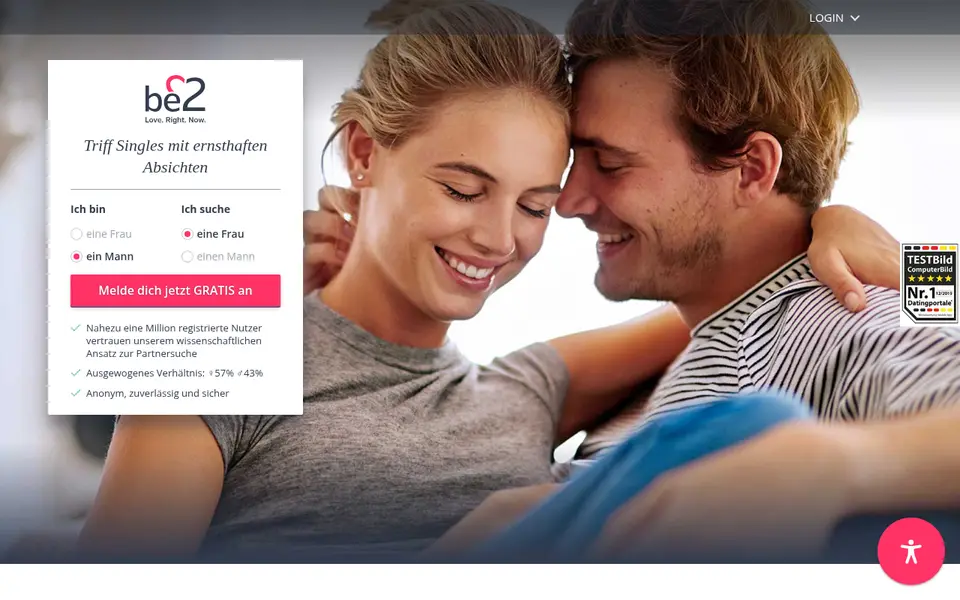 be2 Erfahrungen: Startseite von be2.de mit der Anmeldung für Singles mit ernsthaften Absichten