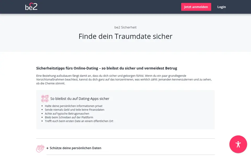 Sicherheitsseite von be2.de mit Tipps fürs Online-Dating, gelesen für unsere be2 Erfahrungen