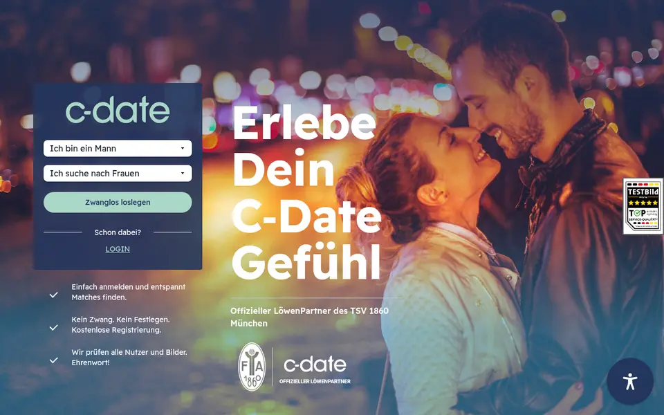 C-Date Erfahrungen: Startseite von c-date.de mit Anmeldung und dem Hinweis auf geprüfte Nutzer