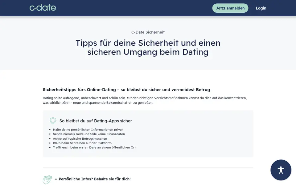 Sicherheitsseite von c-date.de mit Tipps für ein sicheres Date, gelesen für unsere C-Date Erfahrungen
