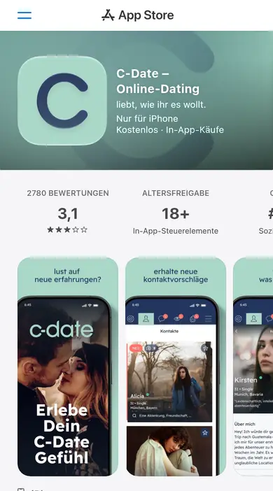 C-Date Erfahrungen auf dem Smartphone: die App im deutschen App Store mit 3,1 Sternen