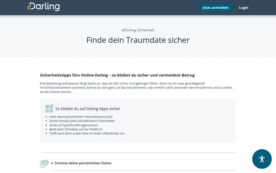 Sicherheitsseite von edarling.de mit Tipps gegen Betrug, Grundlage unserer eDarling Erfahrungen