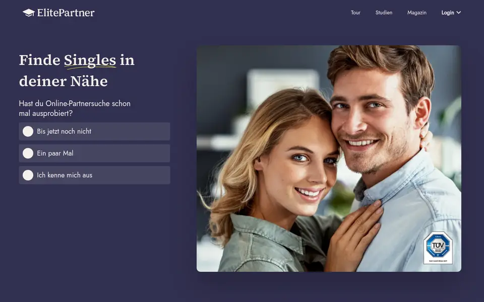 ElitePartner Erfahrungen: Startseite von elitepartner.de mit der Frage nach der Erfahrung mit Online-Partnersuche