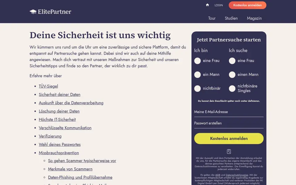 Sicherheitsseite von elitepartner.de mit TÜV-Siegel und Verifizierung, Quelle unserer ElitePartner Erfahrungen