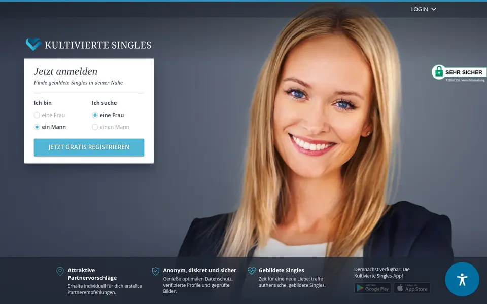 Kultivierte Singles Erfahrungen: Startseite von kultiviertesingles.de mit der Anmeldung