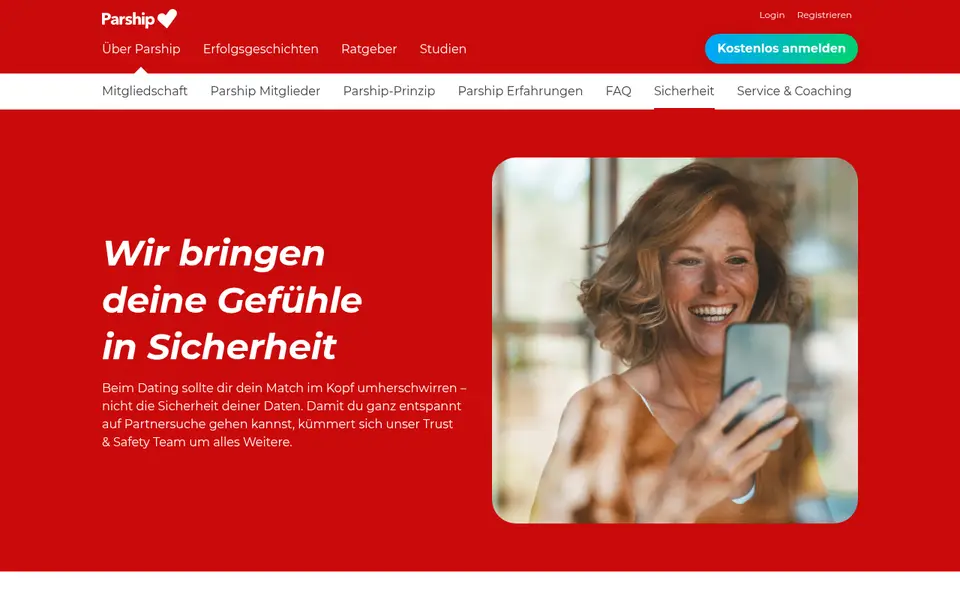 Sicherheitsseite von parship.de zum Trust-&-Safety-Team, Grundlage unserer Parship Erfahrungen