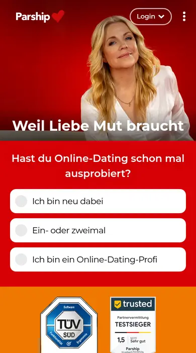 Mobile Startseite von parship.de: Parship Erfahrungen am Handy