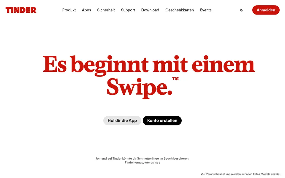 Tinder Erfahrungen: deutsche Startseite von tinder.com mit dem Satz «Es beginnt mit einem Swipe»