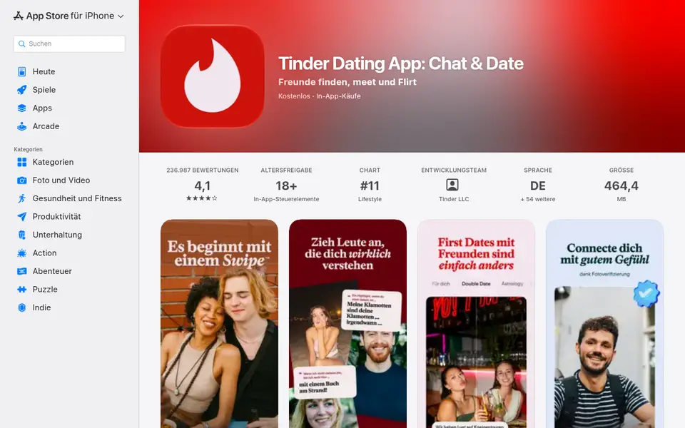 Tinder im deutschen App Store mit 4,1 Sternen, für unsere Tinder Erfahrungen gelesen