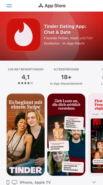 Tinder Erfahrungen auf dem iPhone: App-Seite im deutschen App Store