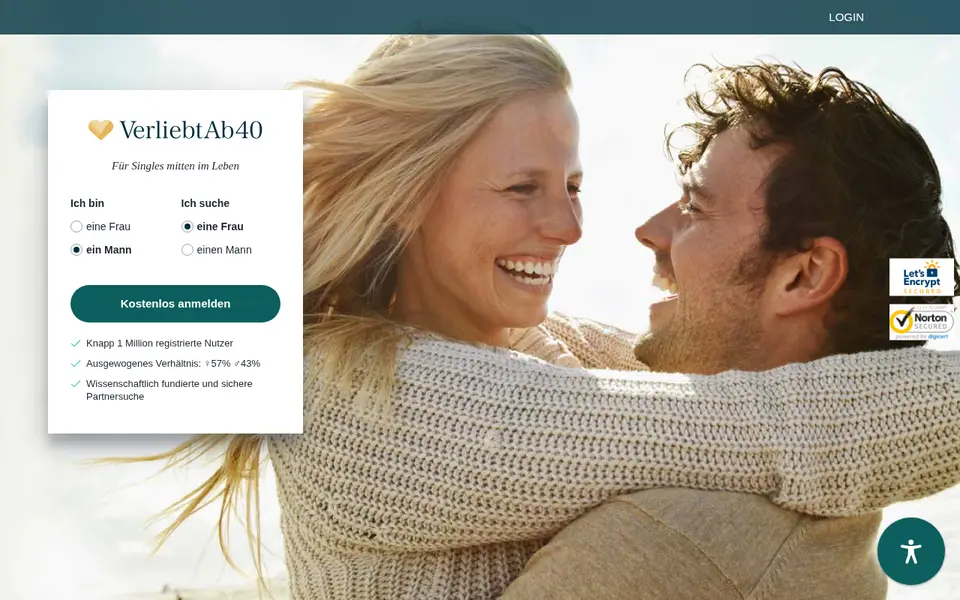 VerliebtAb40 Erfahrungen: Startseite von verliebtab40.de für Singles mitten im Leben