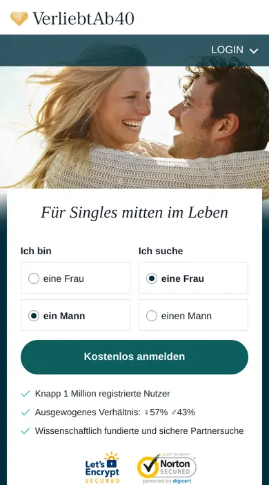 VerliebtAb40 Erfahrungen am Smartphone: mobile Startseite mit Anmeldung
