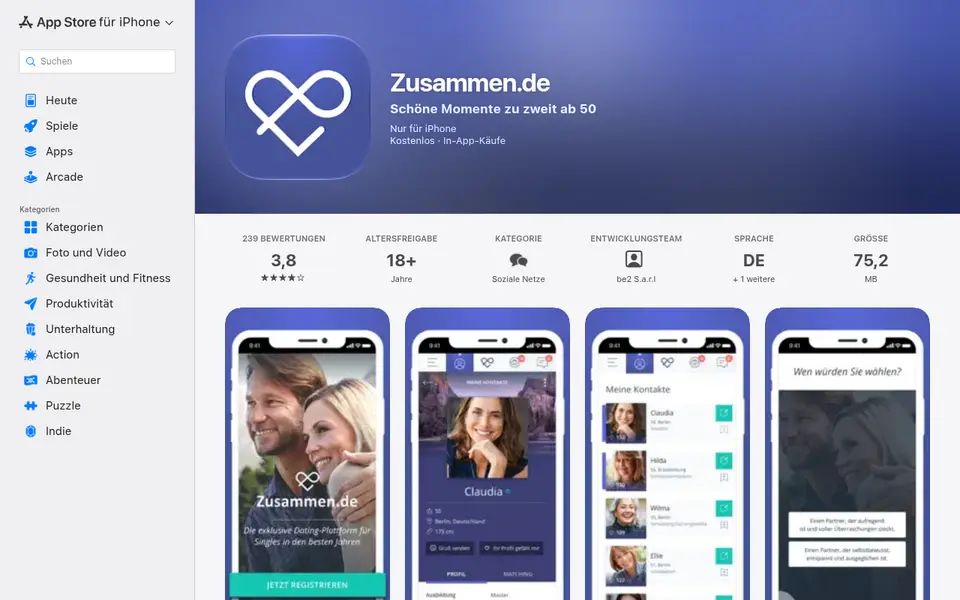 Die App von Zusammen.de im deutschen App Store, Quelle unserer Zusammen.de Erfahrungen