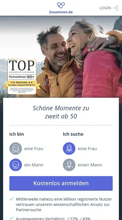 Zusammen.de Erfahrungen auf dem Smartphone: mobile Startseite mit Anmeldung